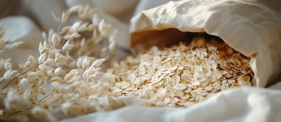 Fototapete - Dry natural oat flakes Oatmeal in an eco friendly paper bag Natural linen backdrop featuring the eco bag and oat flakes. with copy space image. Place for adding text or design