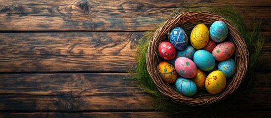 Poster - Colorful Easter eggs in a basket on a wooden table Top view with copyspace
