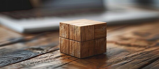 Wall Mural - plain wooden cube on a laptop selective focus on the wooden cube block on the laptop keyboard. with 