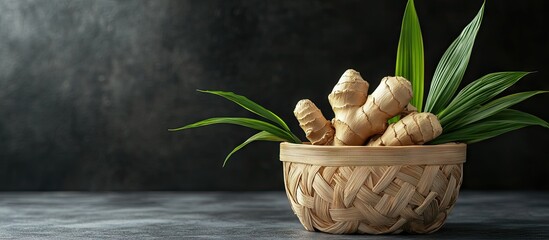Fototapete - Japanese ginger in a bamboo basket. with copy space image. Place for adding text or design