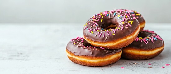 Leinwandbilder - Chocolate donuts on a light concrete surface National Donut Day Homemade treats Selective focus copyspace