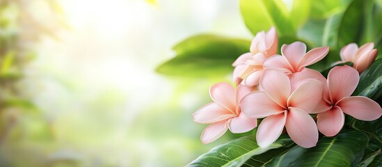 Aufkleber - Pink frangipani blossoms accompanied by green leaves and a blurred backdrop. with copy space image. Place for adding text or design