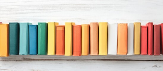 Wall Mural - open hardback books in various colors are placed on a wooden table against a white background back t