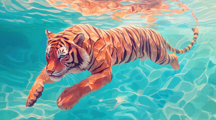 A majestic tiger gracefully swimming in crystal-clear water, showcasing its vibrant orange and black stripes in a serene aquatic setting.