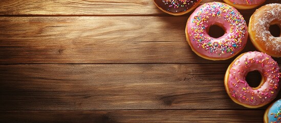 Fototapete - Colorful donuts on a wooden table Sweet icing sugar treats topped with glazed sprinkles doughnut with chocolate frosting Aerial view with copy space