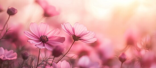 Aufkleber - Pink cosmos flower in a field of cosmos creating a romantic dreamy color mood in a natural backdrop with copy space