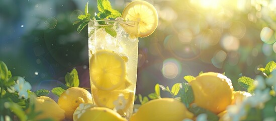 Poster - Lemonade with lemon mint and ice on a garden table. with copy space image. Place for adding text or design