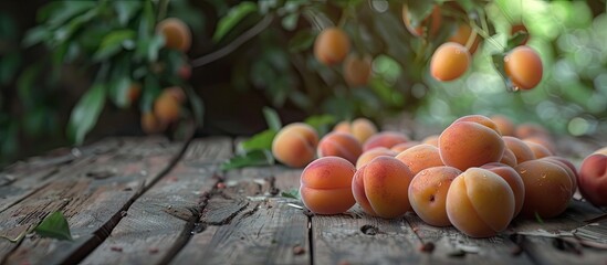 Poster - Selective focus on ripe apricots placed on a wooden table. with copy space image. Place for adding text or design