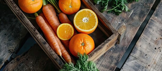 Leinwandbilder - A group of orange carrots in a wooden box on a wooden table prepared for cooking or sale. with copy space image. Place for adding text or design