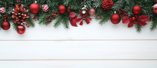 Poster - Decorative frame with Christmas elements on a white wooden table Area for text empty for postcard Copyspace