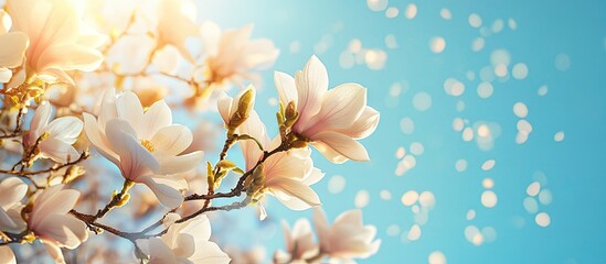 Fototapete - Blossoming magnolia branches in soft focus macro against a bright blue sky providing copy space A floral spring backdrop of nature Spring flowers Spring Background