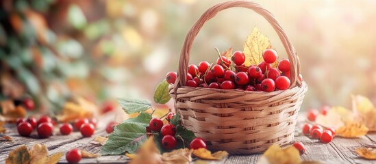Poster - Collect fresh red berries along with green leaves in a wooden basket Autumn theme close up. with copy space image. Place for adding text or design