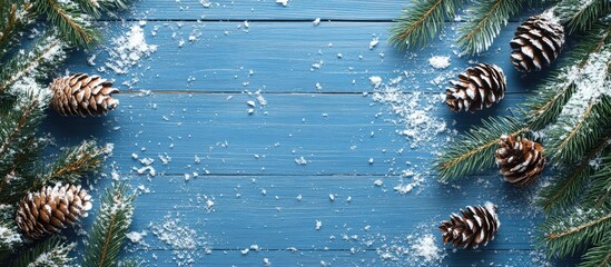 Fototapete - Winter Christmas background featuring fir branches cones and snow on a blue wooden texture. with copy space image. Place for adding text or design