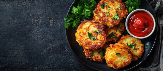 Poster - Roasted hash brown potatoes and vegetable fritters arranged on a plate with tomato sauce Dark background Top view. with copy space image. Place for adding text or design