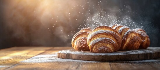 Poster - Breads on a wooden board dusted with icing sugar on a wooden table for breakfast. with copy space image. Place for adding text or design