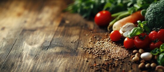 Leinwandbilder - Various vegetables seeds and fruits on a wooden table with space for text Healthy eating. with copy space image. Place for adding text or design