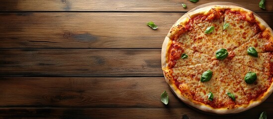 Aufkleber - Homemade pizza prepared to be served on a wooden table with copyspace