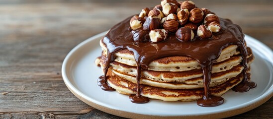 Leinwandbilder - Pancakes topped with chocolate spread and hazelnuts served on a white plate against a wooden background. with copy space image. Place for adding text or design