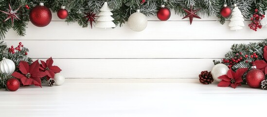 Poster - Christmas backdrop featuring holiday decorations on a white wood surface with copy space