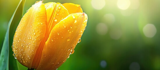 Leinwandbilder - Close up of a yellow tulip with dew drops on a green background Selective focus and space for text. with copy space image. Place for adding text or design
