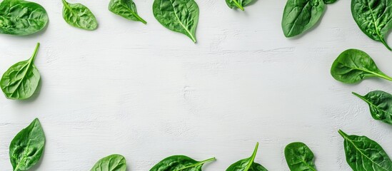 Leinwandbilder - Baby spinach leaves on a white wooden surface copy space
