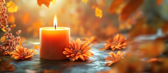 Poster - Autumn candle featuring orange leaves and blooms. with copy space image. Place for adding text or design
