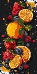 Poster - Elegant abstract background with mixed fruits featuring oranges, strawberries, and blueberries