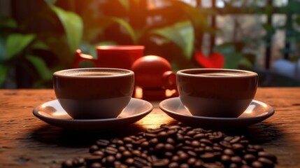 Wall Mural - Two Cups of Coffee with Coffee Beans on a Wooden Table