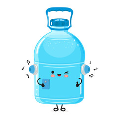 Wall Mural - Plastic Water Bottle listens to music on headphones with a smartphone. Vector hand drawn cartoon kawaii character illustration icon. Isolated white background. Plastic Water Bottle character concept