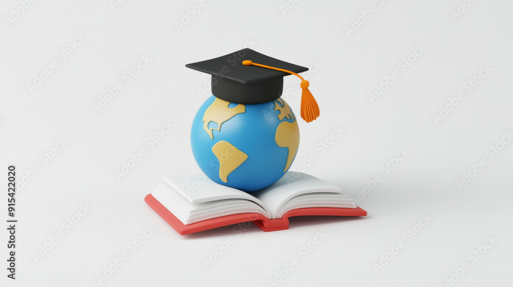 A 3D illustration of a graduation cap resting on a globe placed on an ...