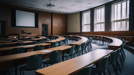 An empty university lecture hall with rows of wooden desks and chairs arranged in a curved layout. Large windows allow natural light to fill the room, creating a calm academic environment.

