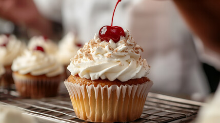 A close-up of a beautifully decorated cupcake topped with a swirl of whipped cream, a cherry, and a sprinkle of brown sugar.