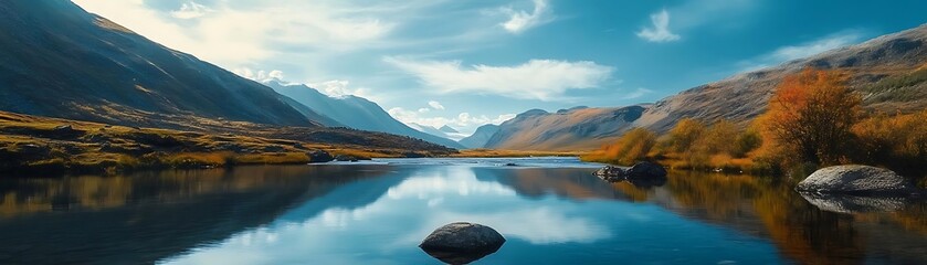 Wall Mural - Mountain Lake with Reflection and Autumn Foliage Photo