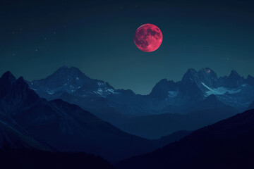 red moon eclipse glowing over a mountain range
