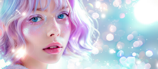 Cosmetics banner. Young beautiful woman with purple hair and lilac glittery sci-fi makeup. Futuristic fashion, Y3K style, metallic clothing, space-age looks, digital world, AI-inspired fashion