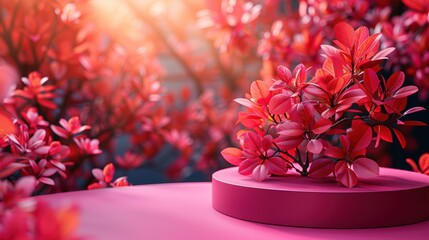 Blooming pink flowers on a circular display with soft sunlight illuminating a vibrant garden setting