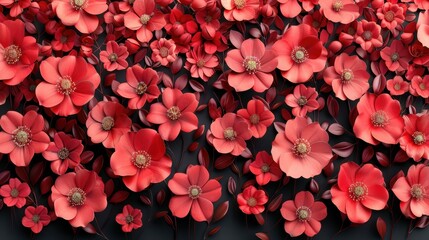 A vibrant arrangement of red flowers with green leaves against a dark background in a contemporary style