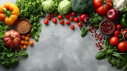 
Frame of healthy food cooking ingredients background with fresh vegetables, herbs, spices and olive oil on marble table top view