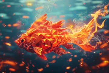 Wall Mural - Fiery Geometric Polygonal Fish in Flaming Ocean Underwater Scene 3D Render