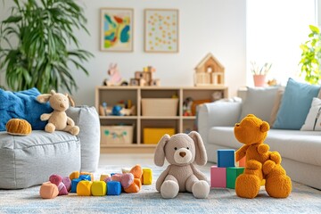 A family-friendly playroom with colorful toys, comfy seating, and cheerful decor.