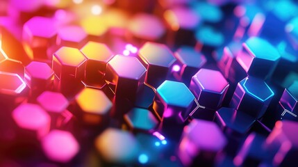 Vibrant 3D background with colorful hexagons and dynamic lighting, energetic abstract art