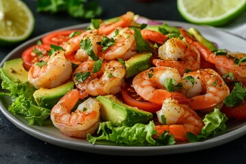 Wall Mural - Veggie salad with avocado, lettuce, and shrimp.