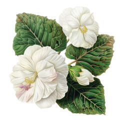 Wall Mural - A detailed botanical illustration of white flowers with green leaves.