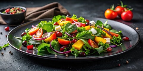 Wall Mural - Vibrant gourmet salad featuring fresh ingredients and light vinaigrette on a dark plate in a minimalist setting