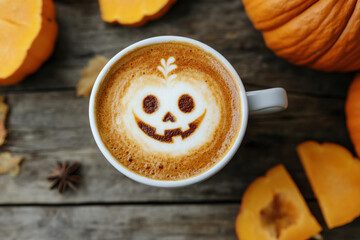 cup of cappuccino is decorated with scary pumpkin face for halloween celebration on wooden backgroun