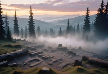 a foggy landscape with a mountain in the background