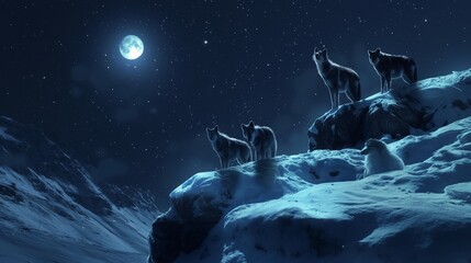 Wall Mural - Three wolves are standing on a snowy mountain at night. The moon is shining brightly in the sky, creating a serene and peaceful atmosphere