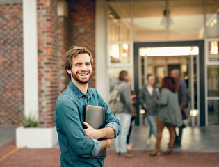 Sticker - Portrait, student and man with smile, campus and happiness with education, institute and knowledge. Face, academic and person with confidence, learning and pride with achievement, joyful and college