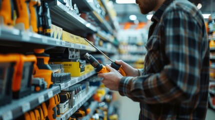 Canvas Print - A man is shopping for tools in a hardware store