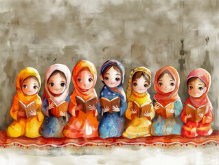 Wall Mural - A group of children wearing colorful scarves are reading books. The children are sitting in a row and are all reading different books. Concept of unity and learning